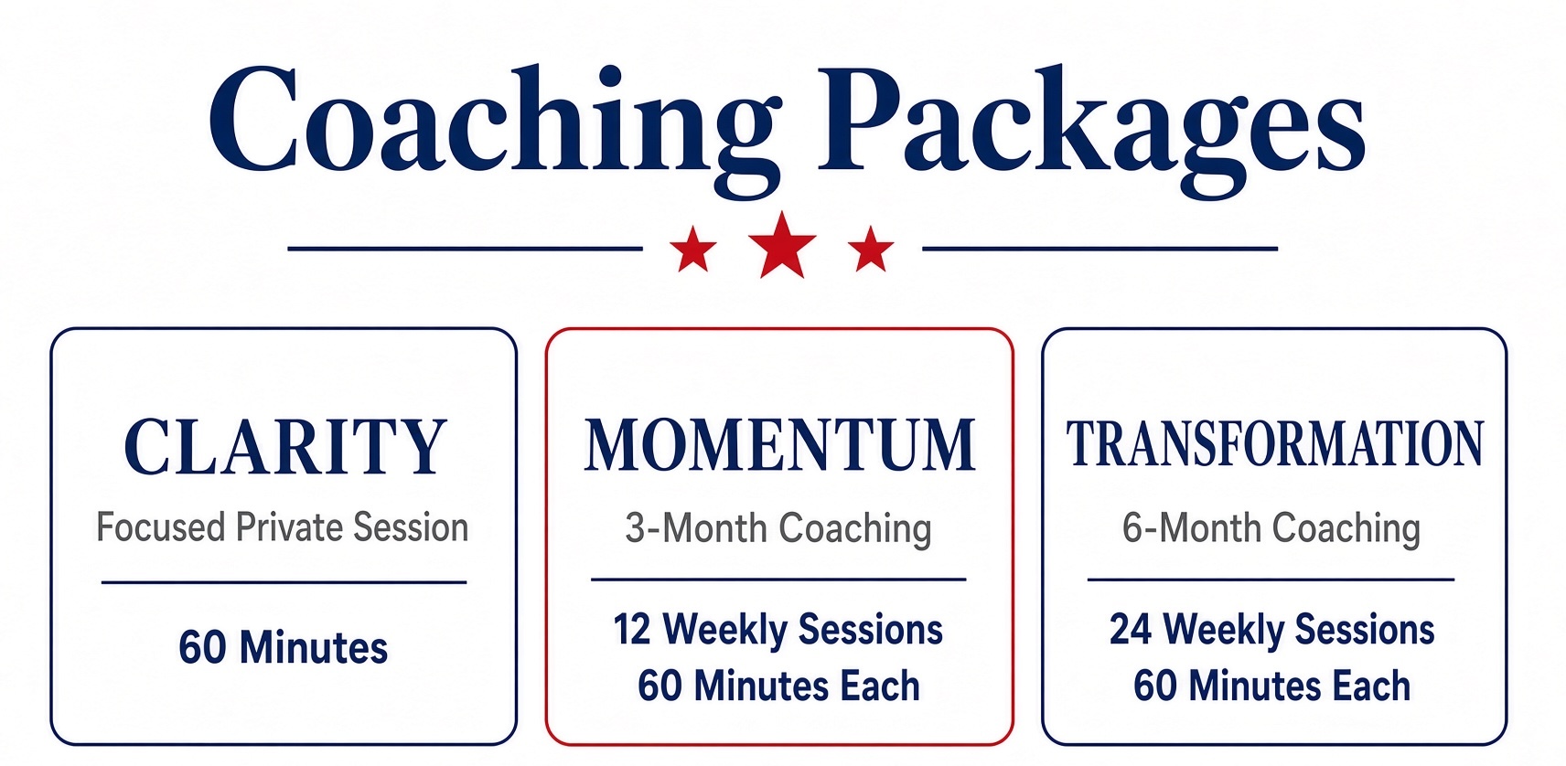 Coaching packages: Clarity, a focused 60-minute private session. Momentum, 12 weekly sessions over 3 months. Transformation, 24 weekly sessions over 6 months.
